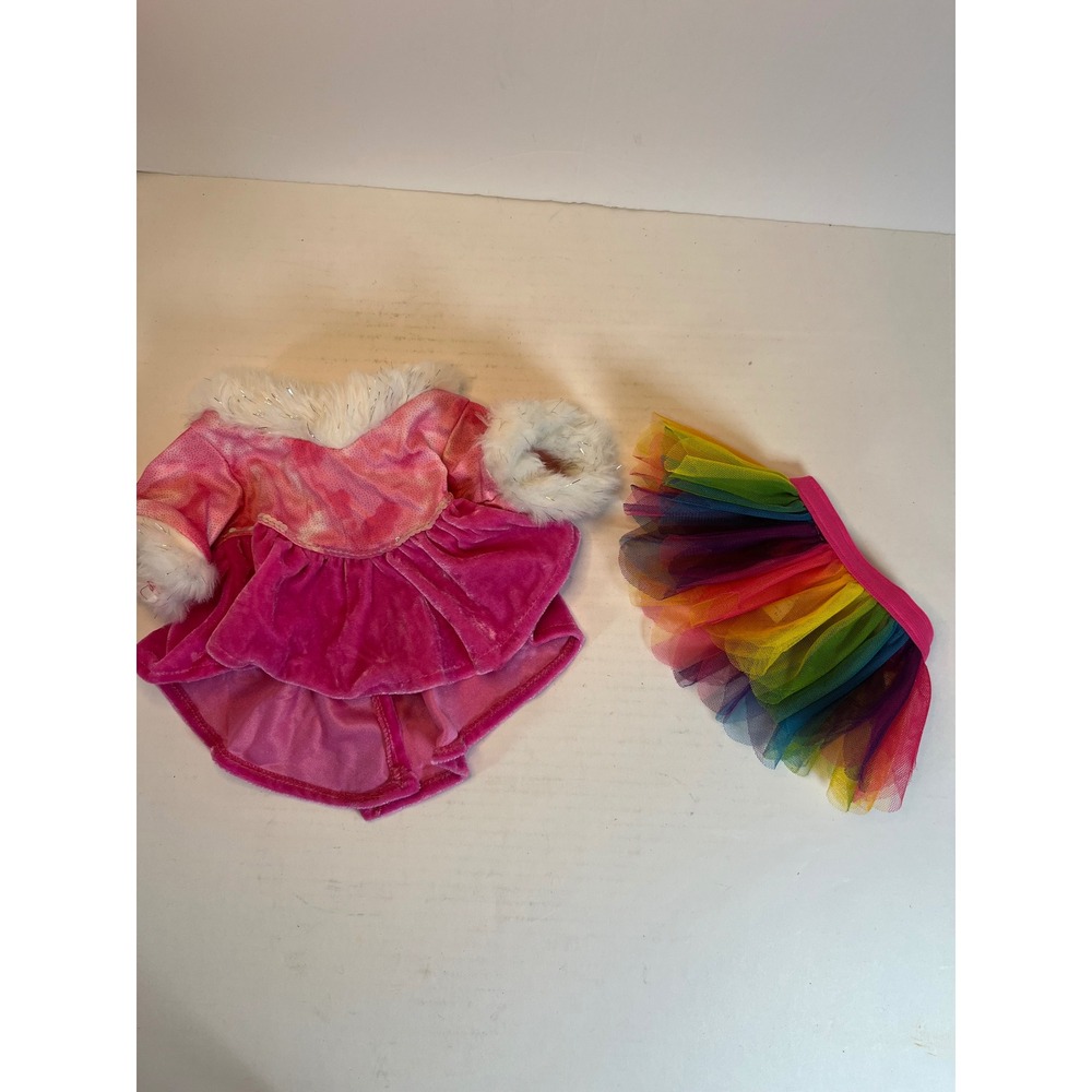 Build-A-Bear Pink Velvet Faux Fur Top and Rainbow Tulle Tutu Skirt Set